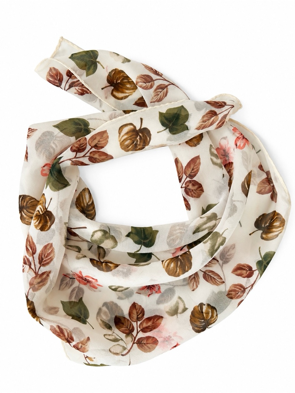 Echo Floral Silk Scarf 18x18 Ivory Brown Green Pink Square